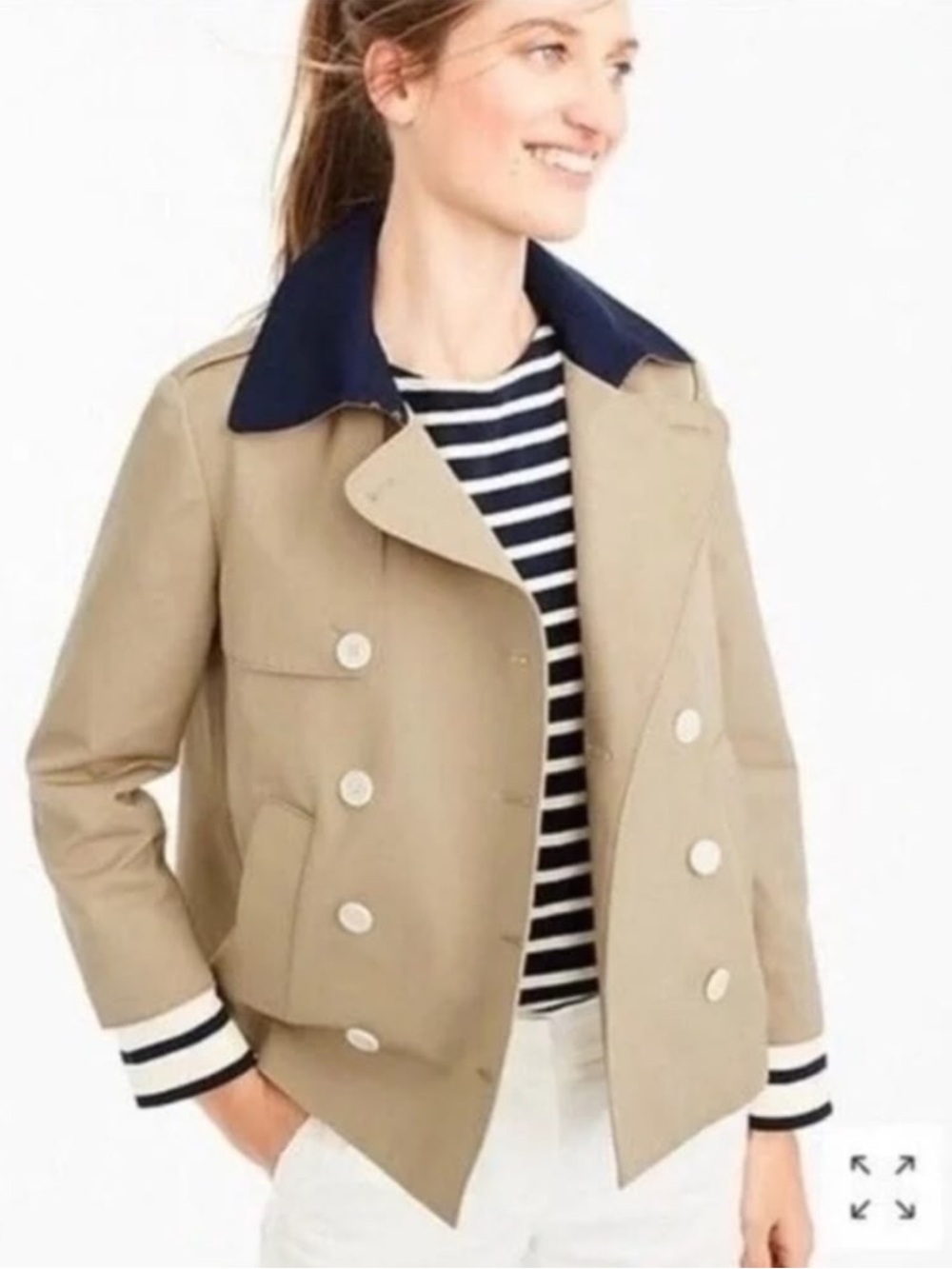 J.Crew Cropped Trench Jacket Beige Navy Striped Cuffs Size 10